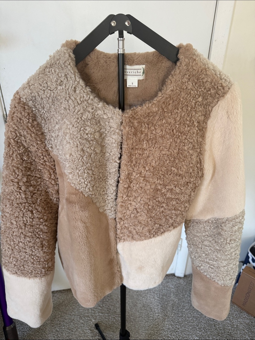 Love Riche Colorblock Patchwork Teddy Jacket in Taupe & Cream